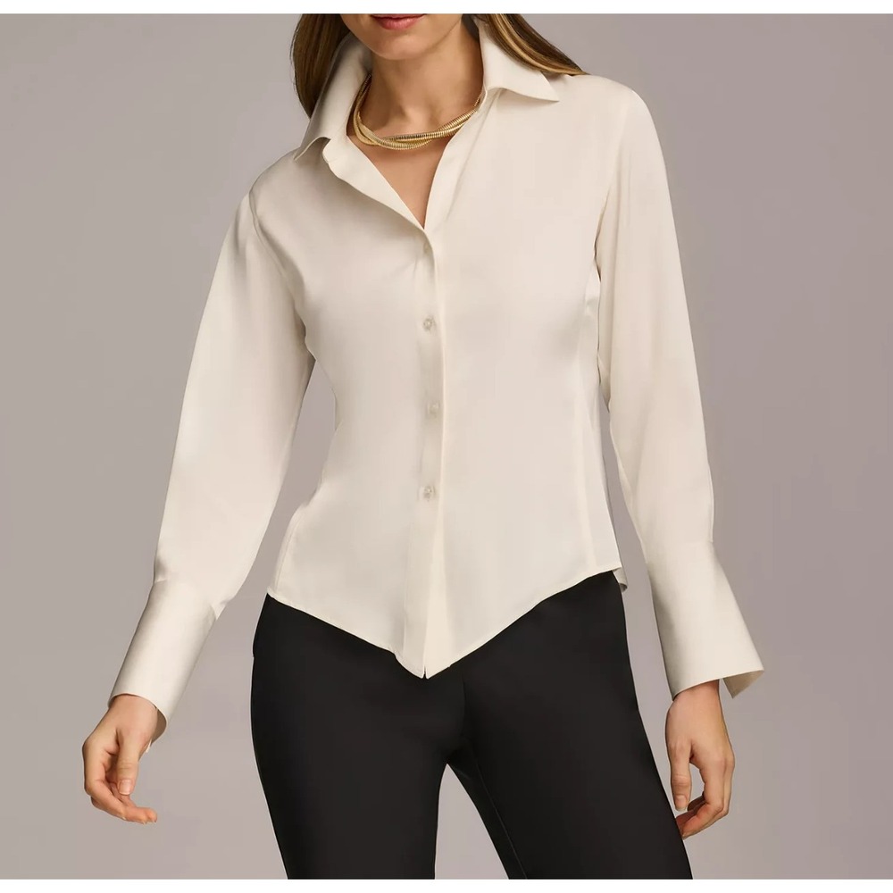 Donna Karan New York Button Front Point Hem Blouse Top Shirt Ivory White Sz PL